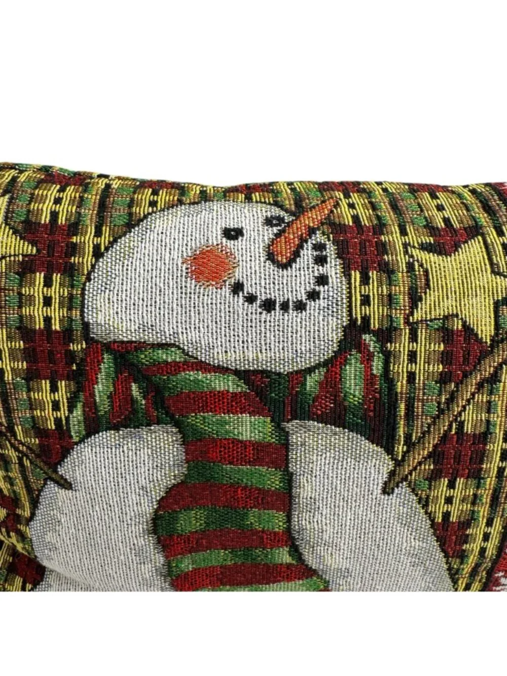 Christmas Tapestry Pillow Snowman Joy Winter Holiday Stars Green Red Gold White